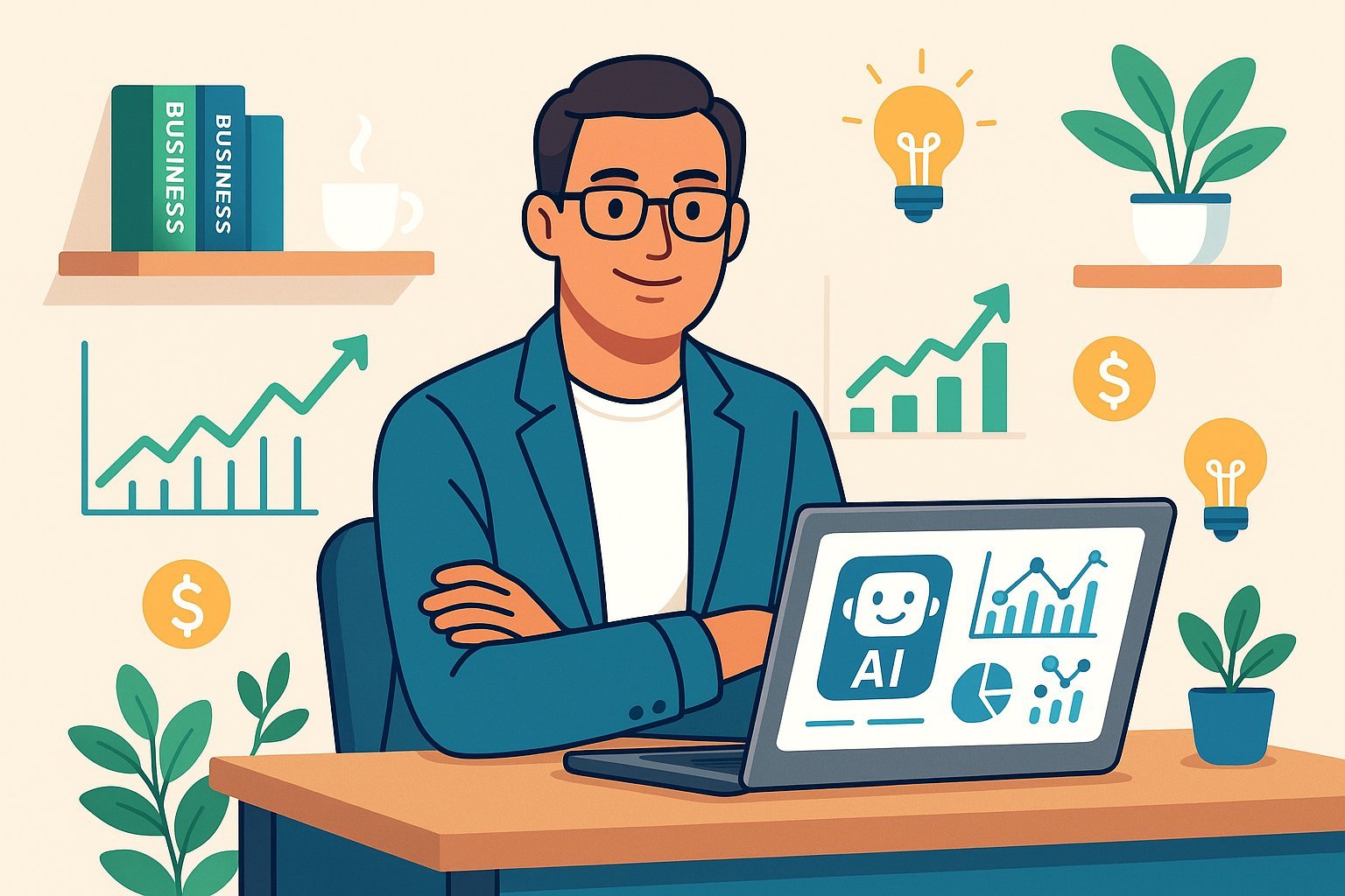 Small business owner using AI tools for small business on a laptop, with business growth charts